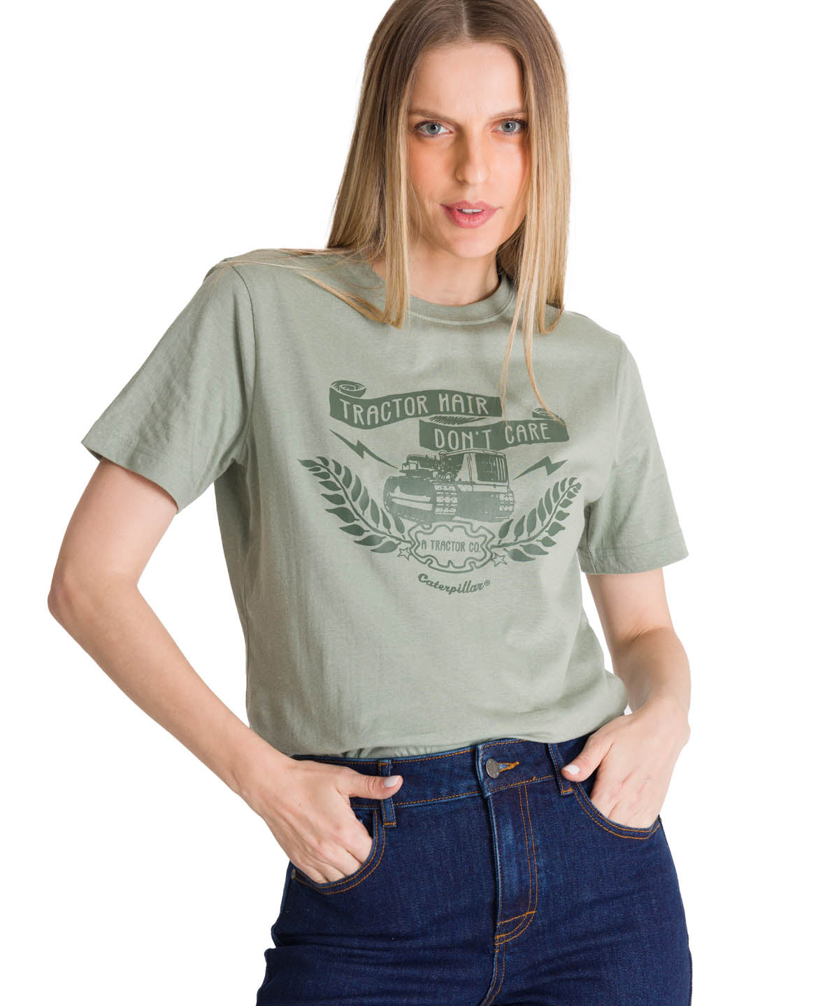 Polera Manga Corta Mujer Diseño Tractor Verde CAT
