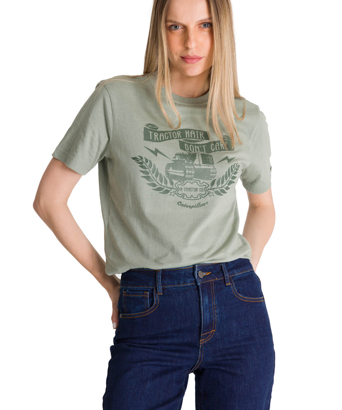 Polera Manga Corta Mujer Diseño Tractor Verde CAT