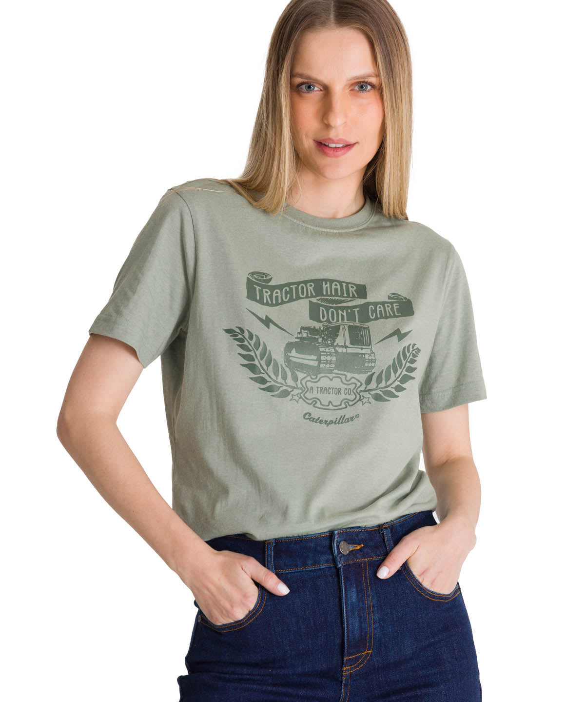 Polera Manga Corta Mujer Diseño Tractor Verde CAT