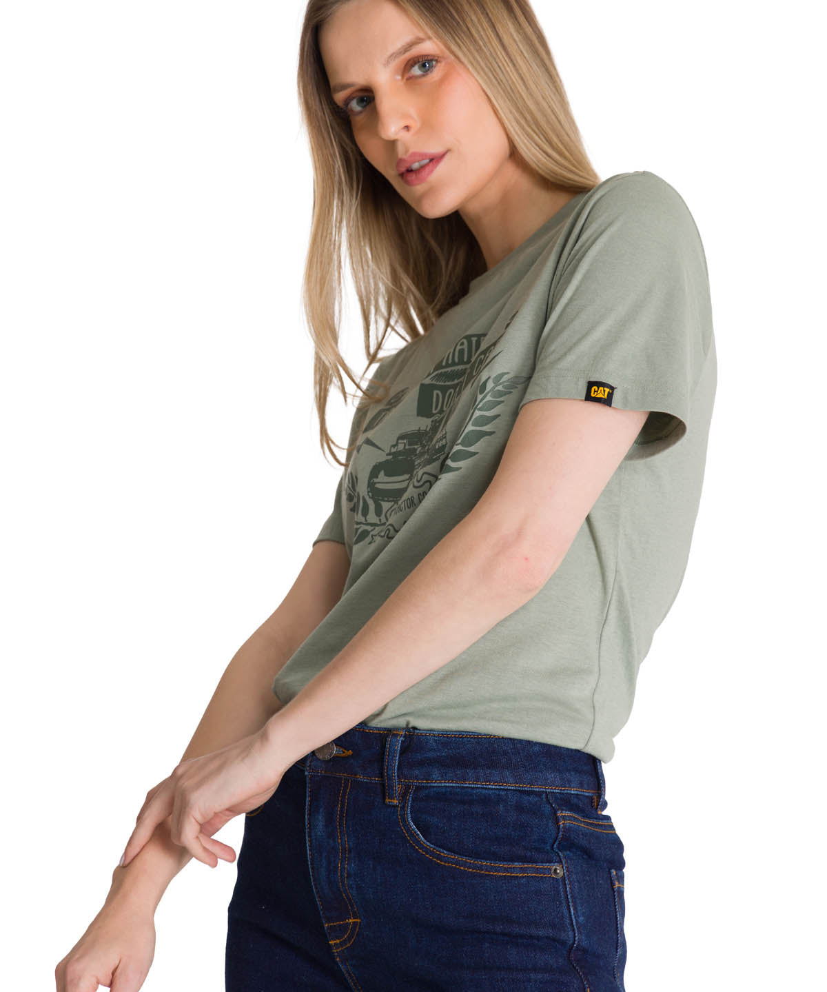 Polera Manga Corta Mujer Diseño Tractor Verde CAT