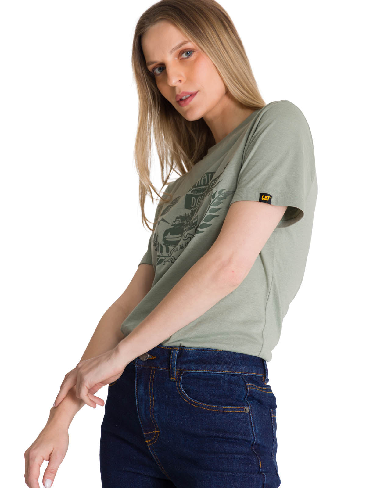 Polera Manga Corta Mujer Diseño Tractor Verde CAT