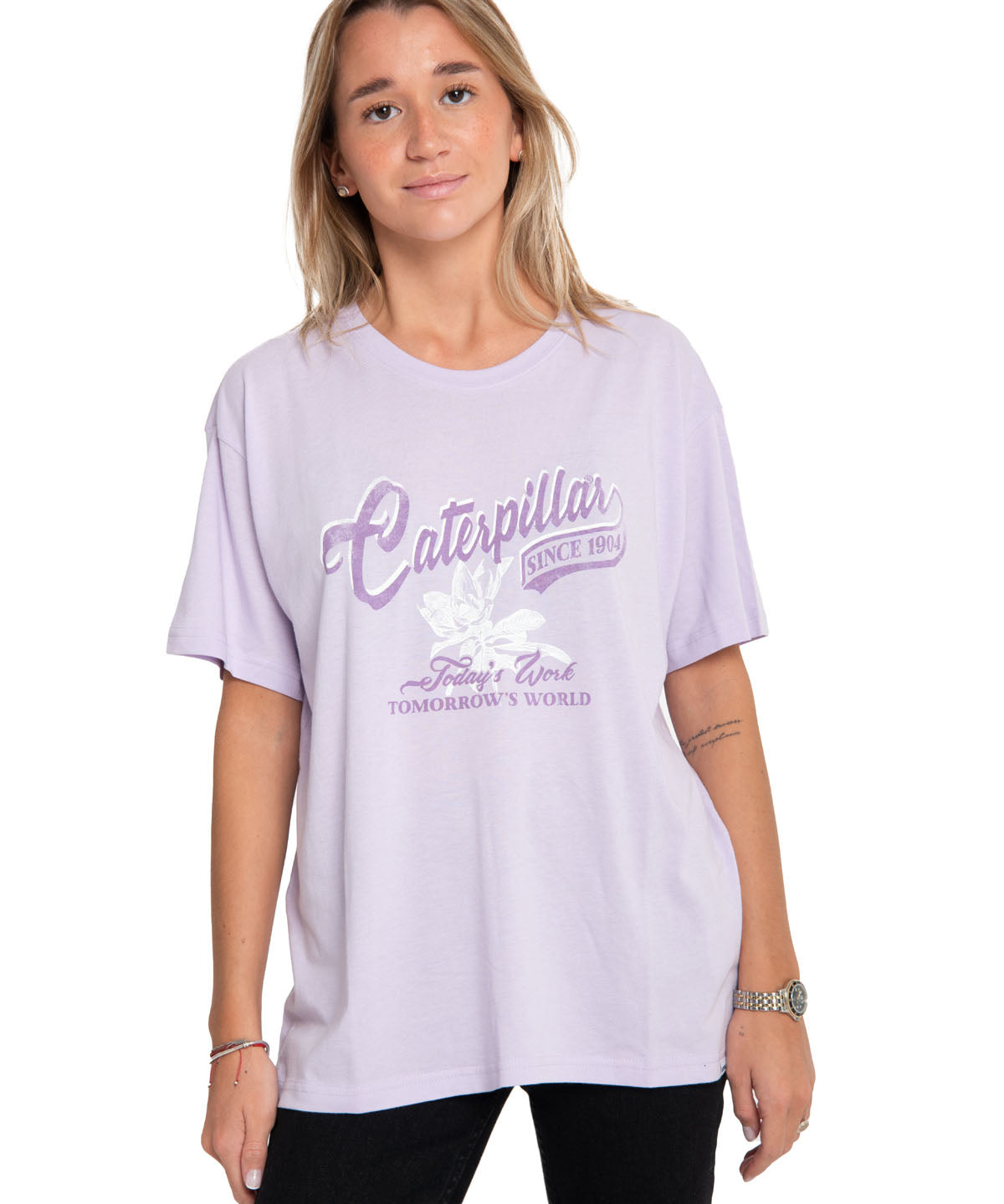Polera Manga Corta Casual Mujer Oversized Graphic Tee Morado Cat