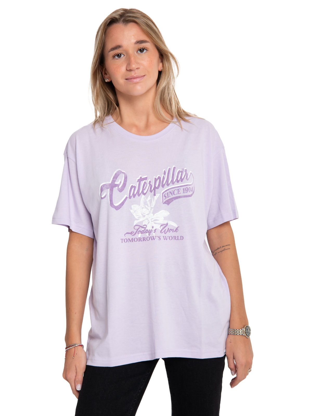 Polera Manga Corta Casual Mujer Oversized Graphic Tee Morado Cat