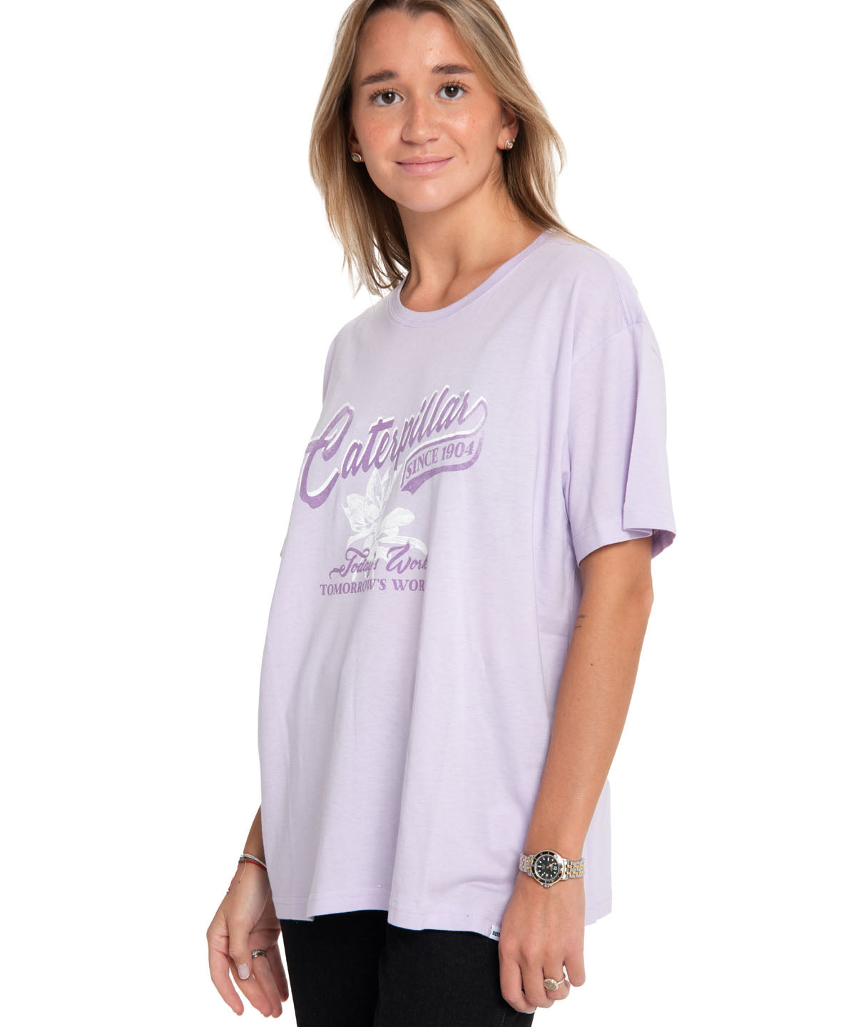 Polera Manga Corta Casual Mujer Oversized Graphic Tee Morado Cat