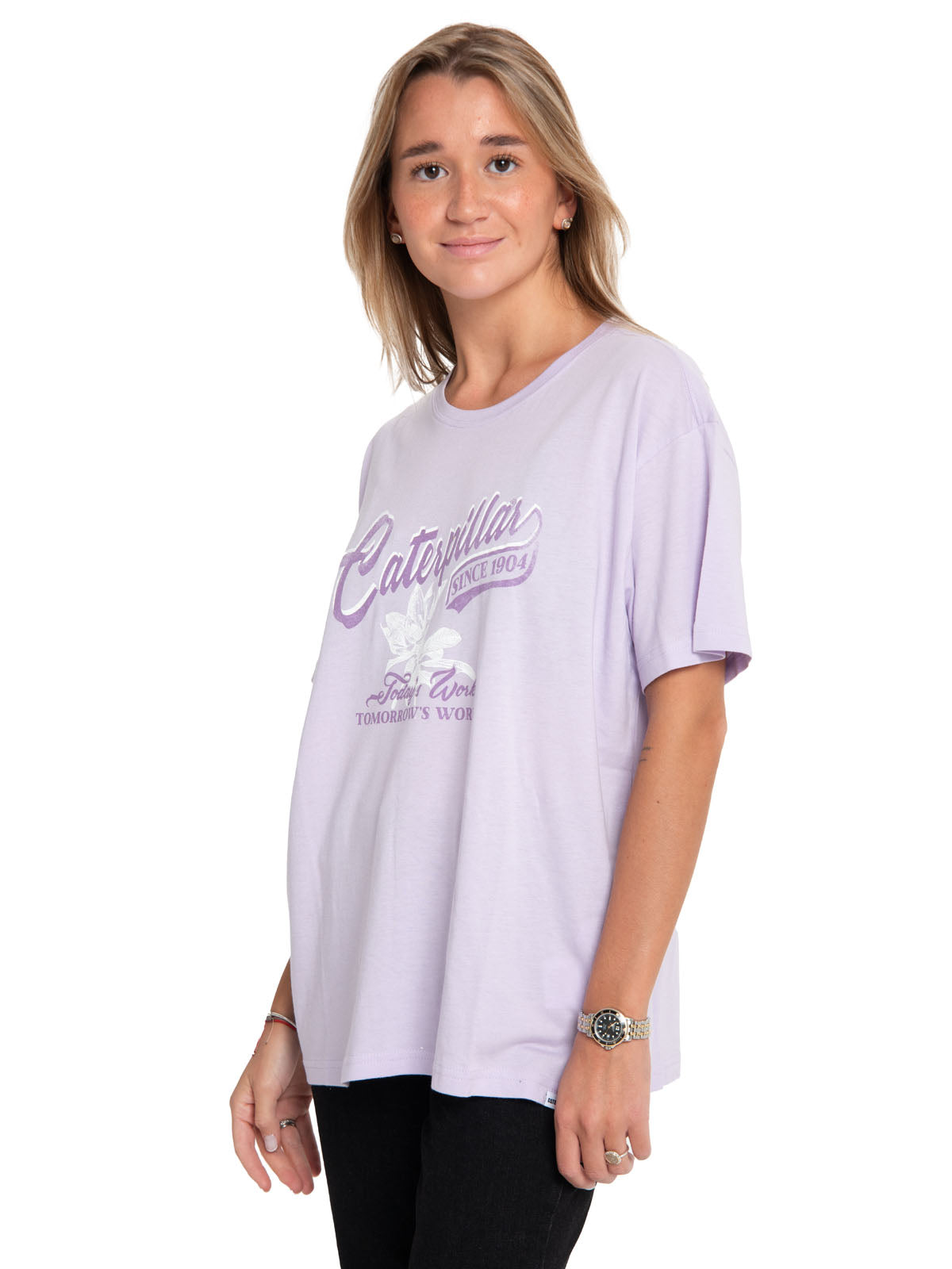 Polera Manga Corta Casual Mujer Oversized Graphic Tee Morado Cat