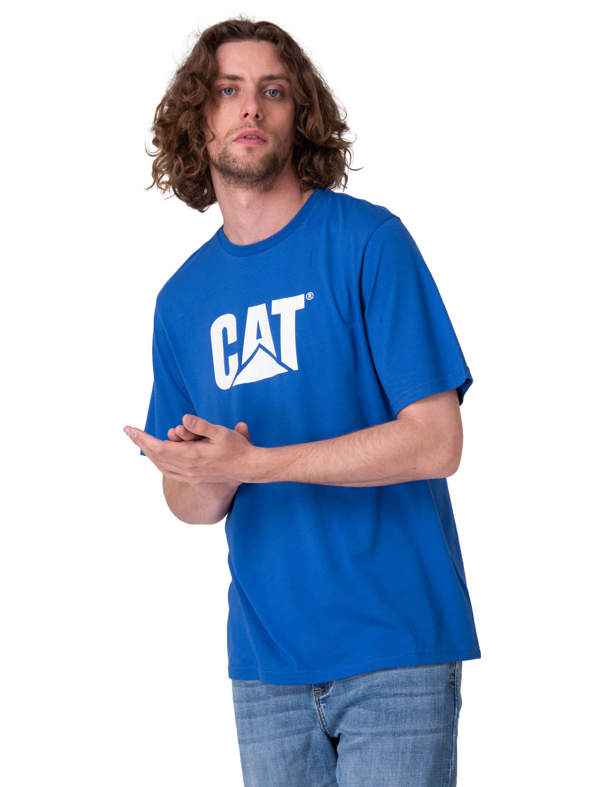Polera Manga Corta Hombre Cat Logo Tee Azul