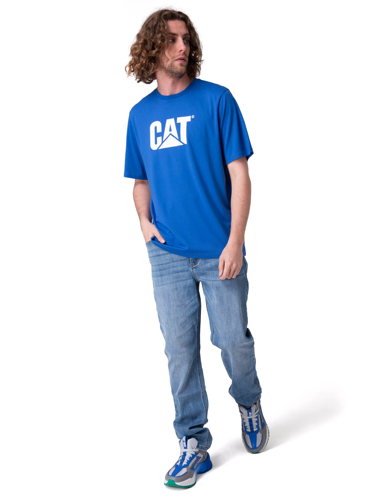 Polera Manga Corta Hombre Cat Logo Tee Azul