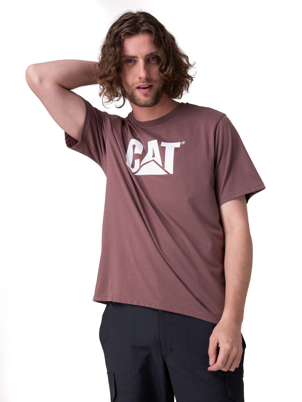 Polera Manga Corta Hombre Cat Logo Tee Café