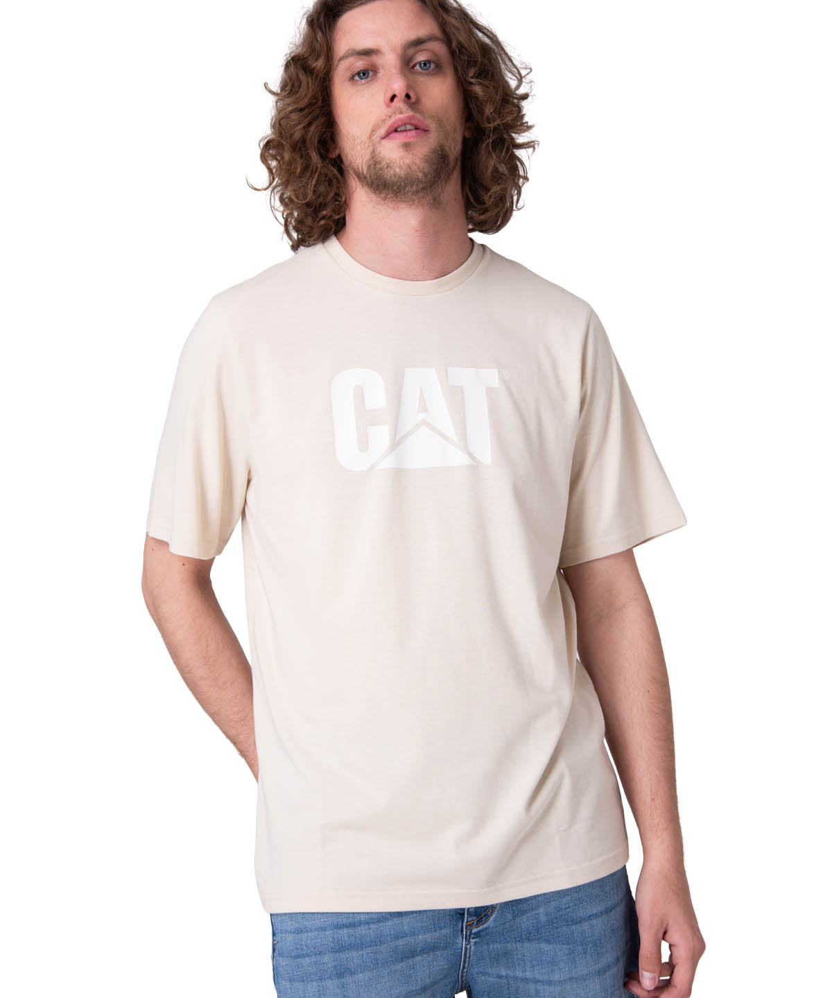 Polera Manga Corta Hombre Cat Logo Tee Beige/Crudo