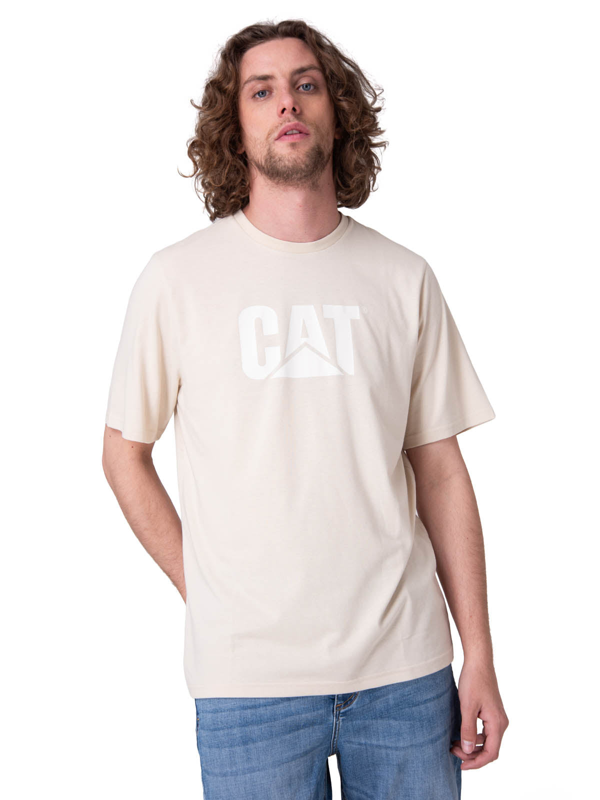 Polera Manga Corta Hombre Cat Logo Tee Beige/Crudo