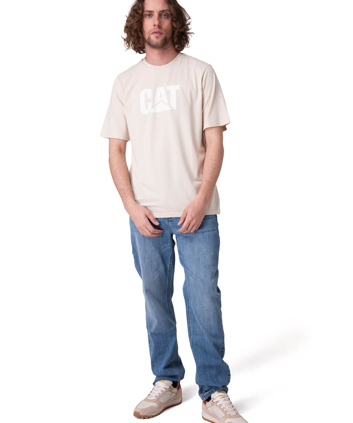 Polera Manga Corta Hombre Cat Logo Tee Beige/Crudo