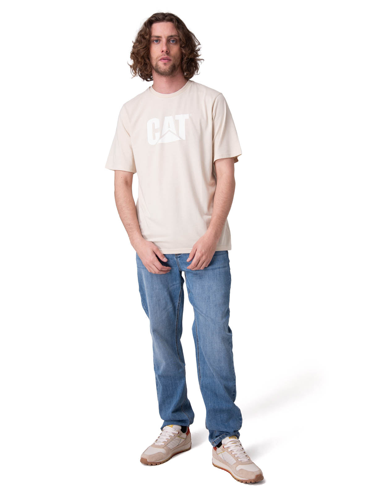 Polera Manga Corta Hombre Cat Logo Tee Beige/Crudo