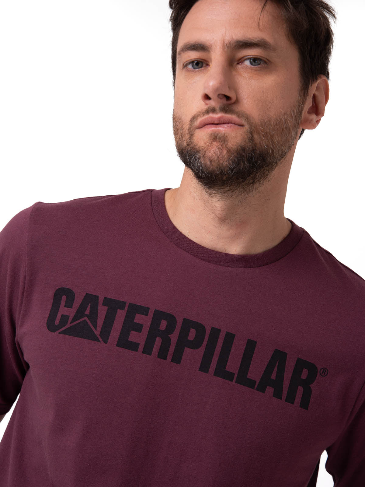 Polera Manga Corta Hombre Logo Caterpillar Granate