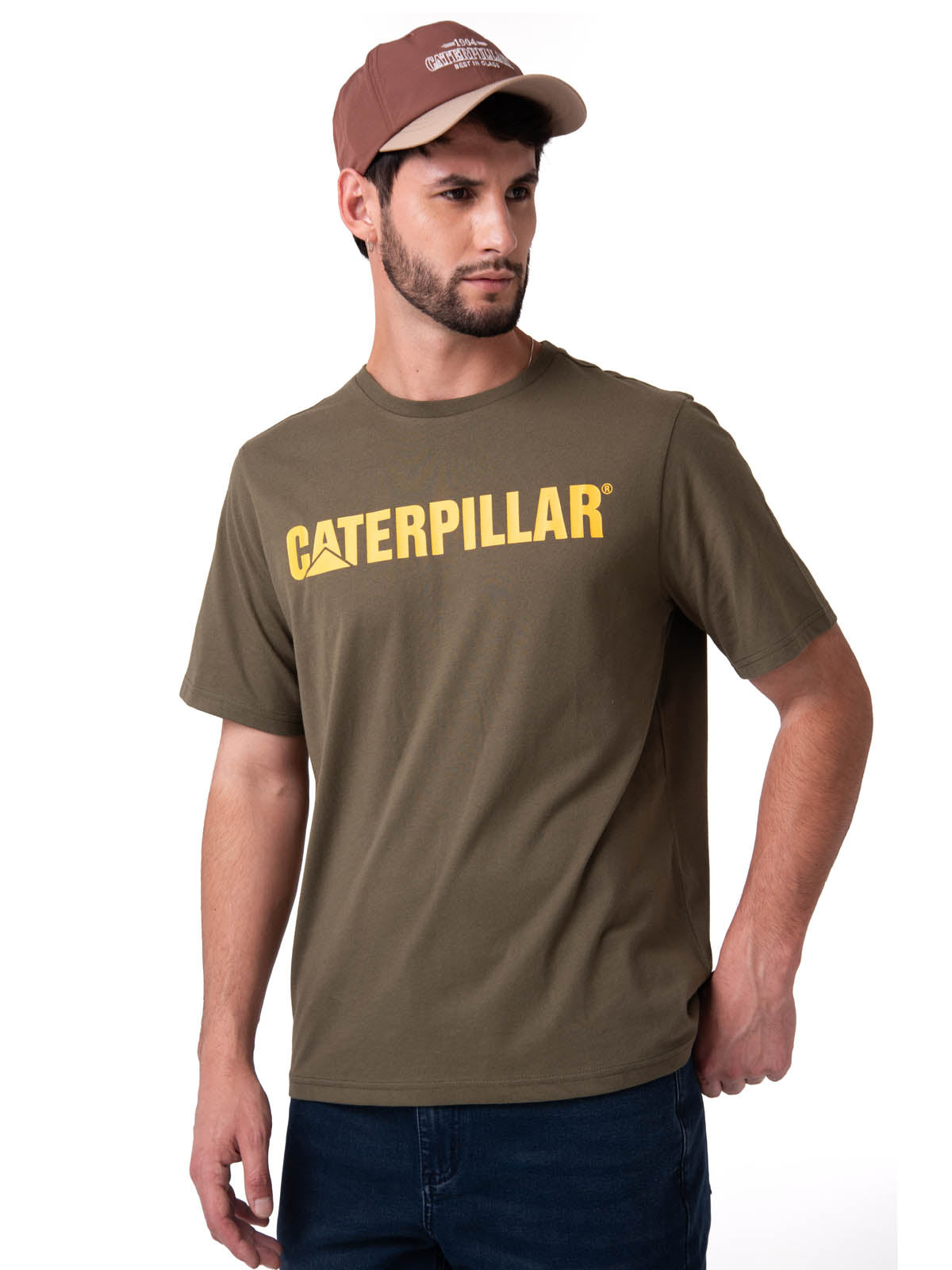 Polera Manga Corta Hombre Logo Caterpillar Verde