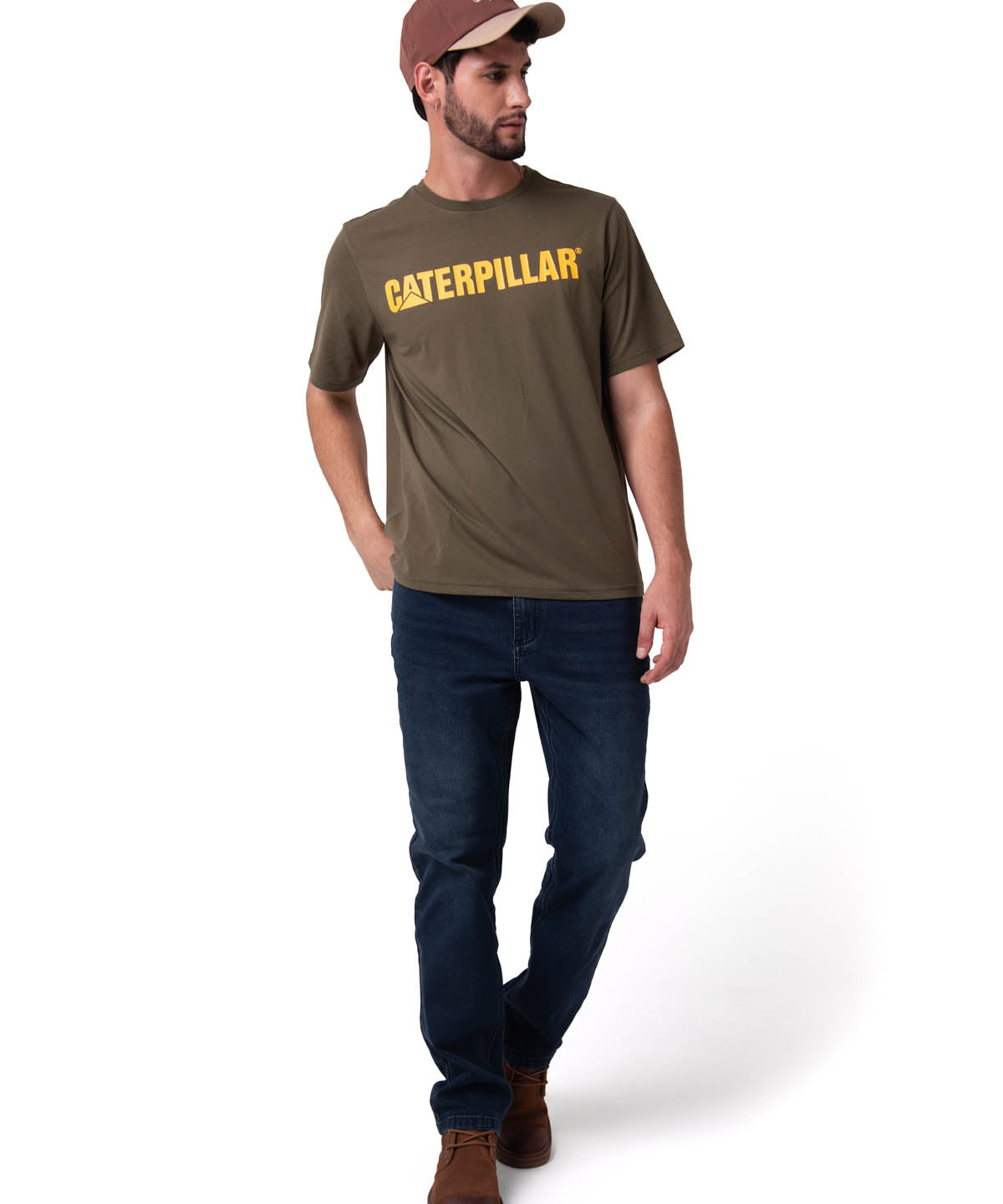 Polera Manga Corta Hombre Logo Caterpillar Verde