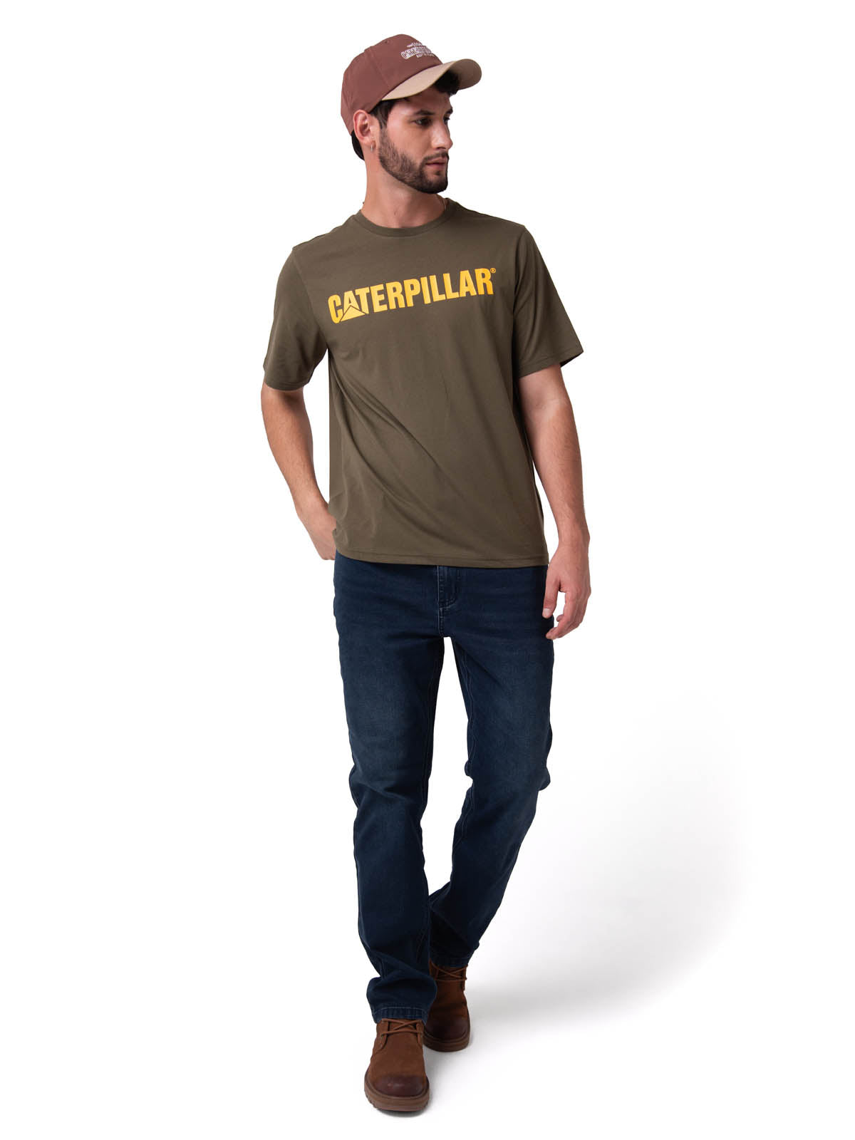 Polera Manga Corta Hombre Logo Caterpillar Verde
