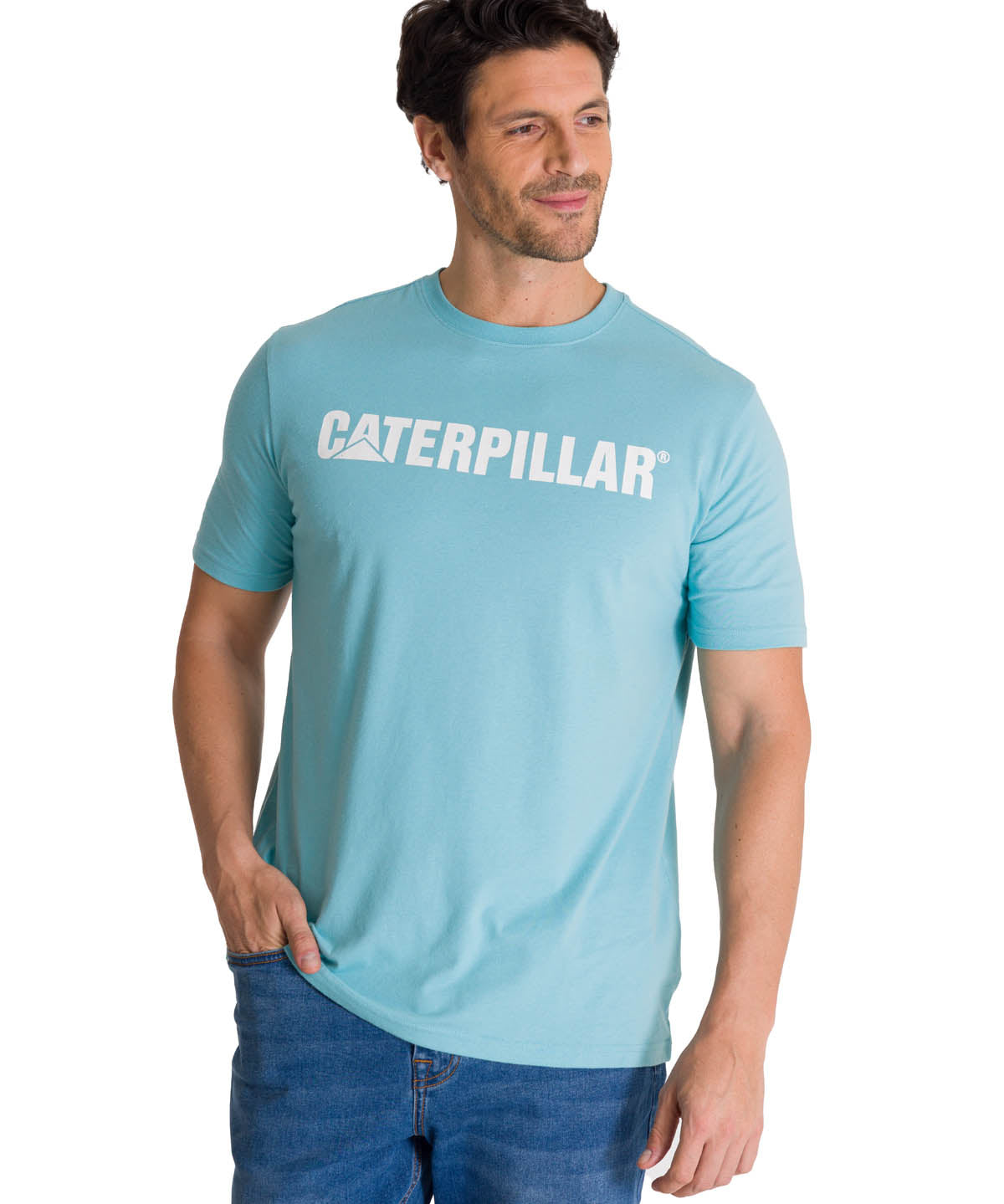 Polera Manga Corta Hombre Logo Caterpillar Celeste CAT