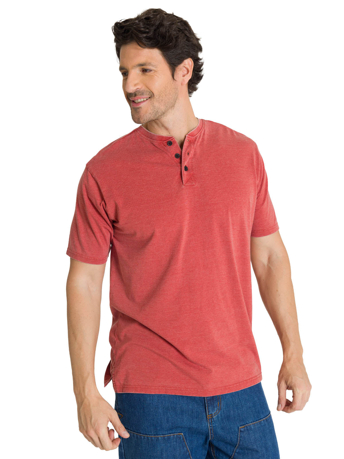 Polera Manga Corta Henley Hombre Burnout Rojo CAT