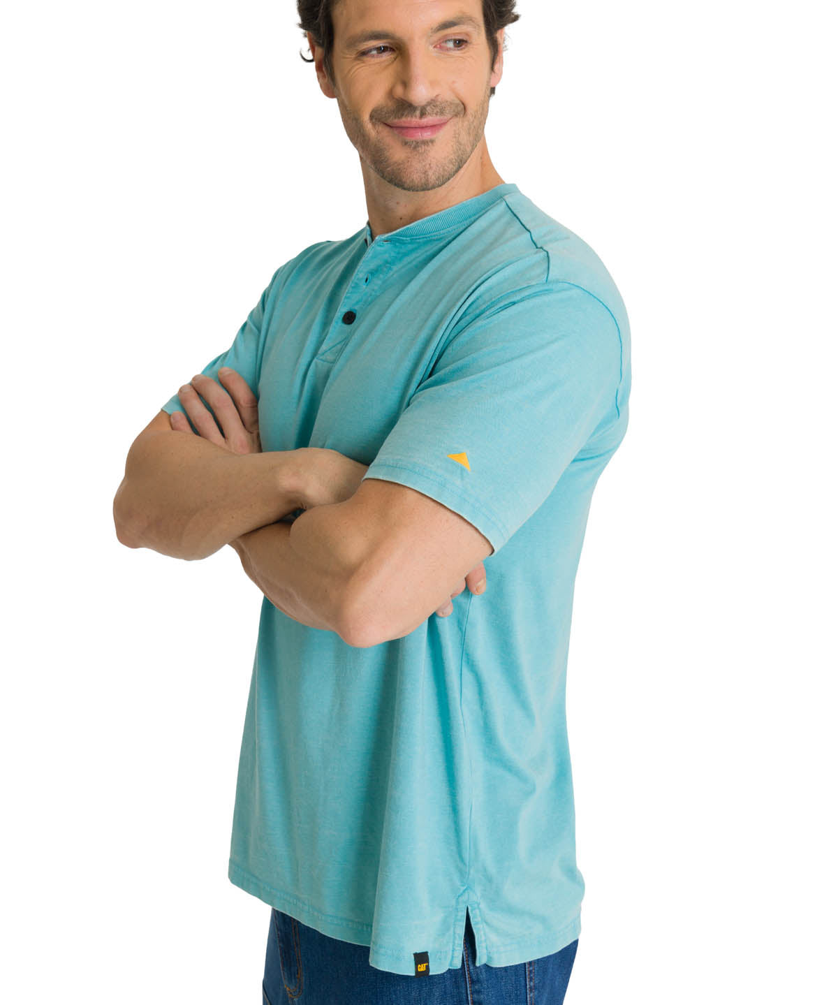 Polera Manga Corta Henley Hombre Burnout Azul Claro CAT