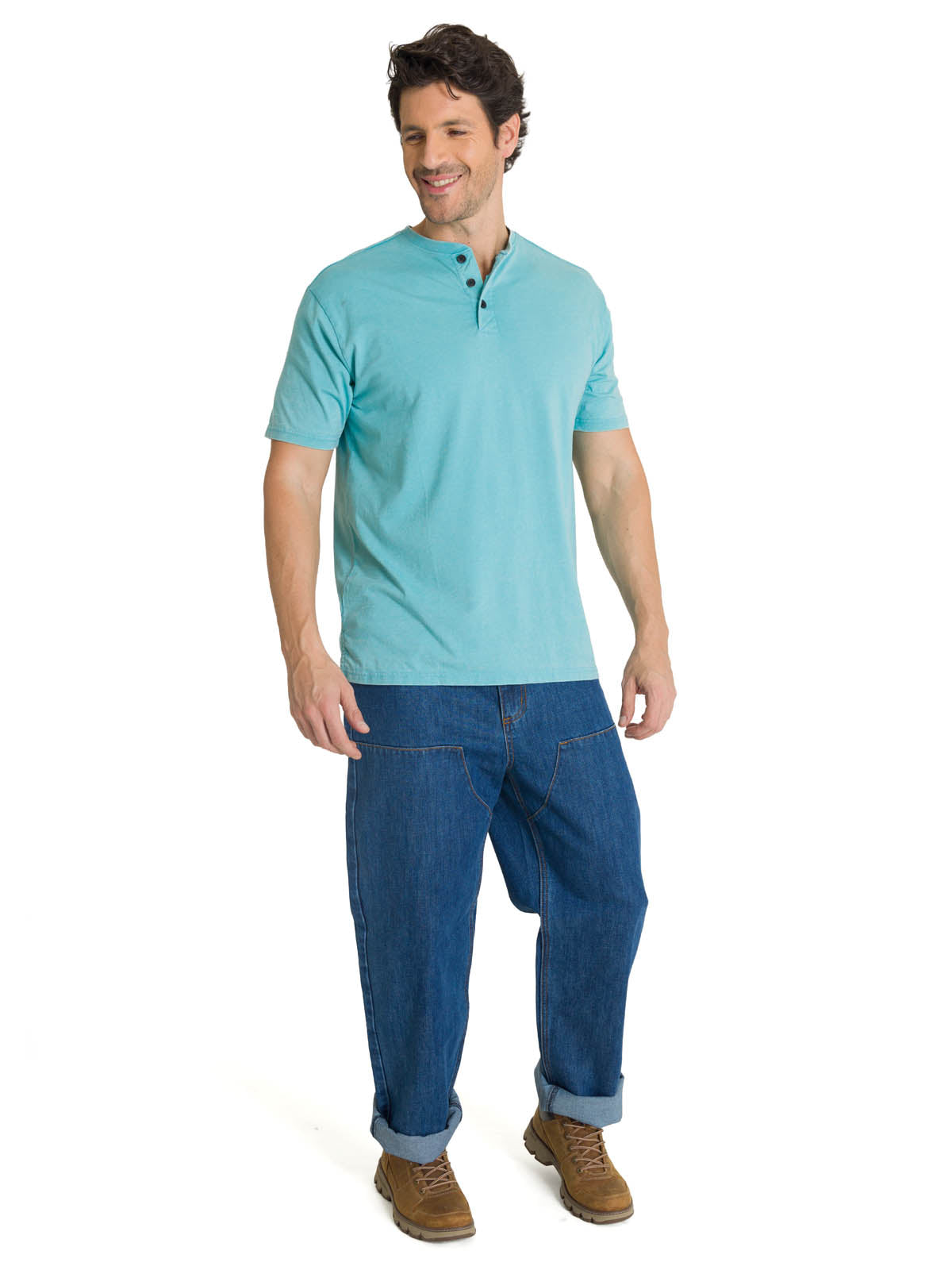 Polera Manga Corta Henley Hombre Burnout Azul Claro CAT