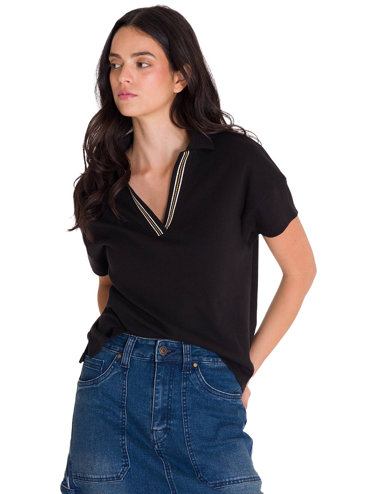 Polera Manga Corta Polo Mujer NOTCH NECK POLO Negra Cat