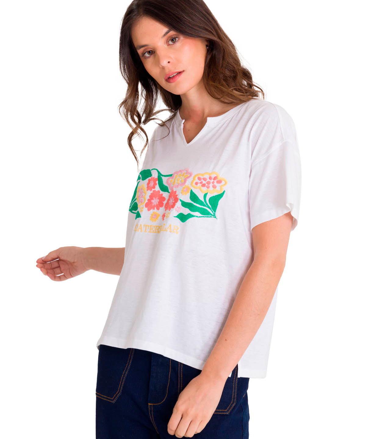 Polera Manga Corta Casual Mujer NOTCH NECK EMBROIDERED FLORAL TEE Blanca Cat