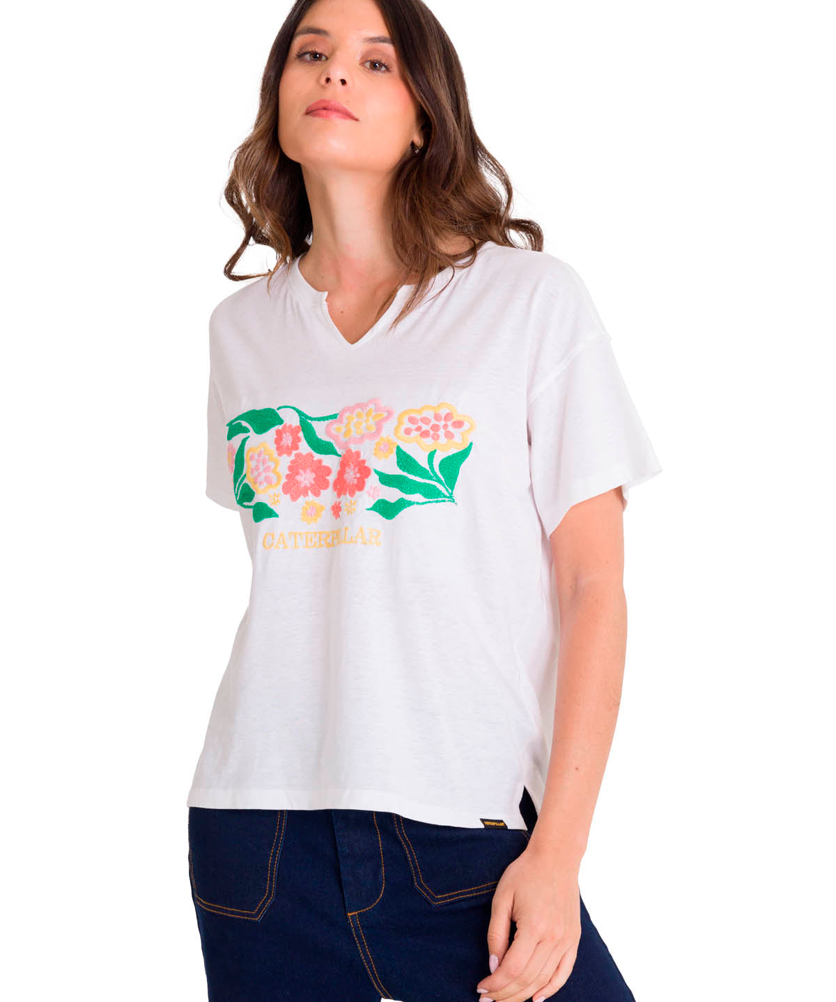 Polera Manga Corta Casual Mujer NOTCH NECK EMBROIDERED FLORAL TEE Blanca Cat
