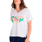 Polera Manga Corta Casual Mujer NOTCH NECK EMBROIDERED FLORAL TEE Blanca Cat