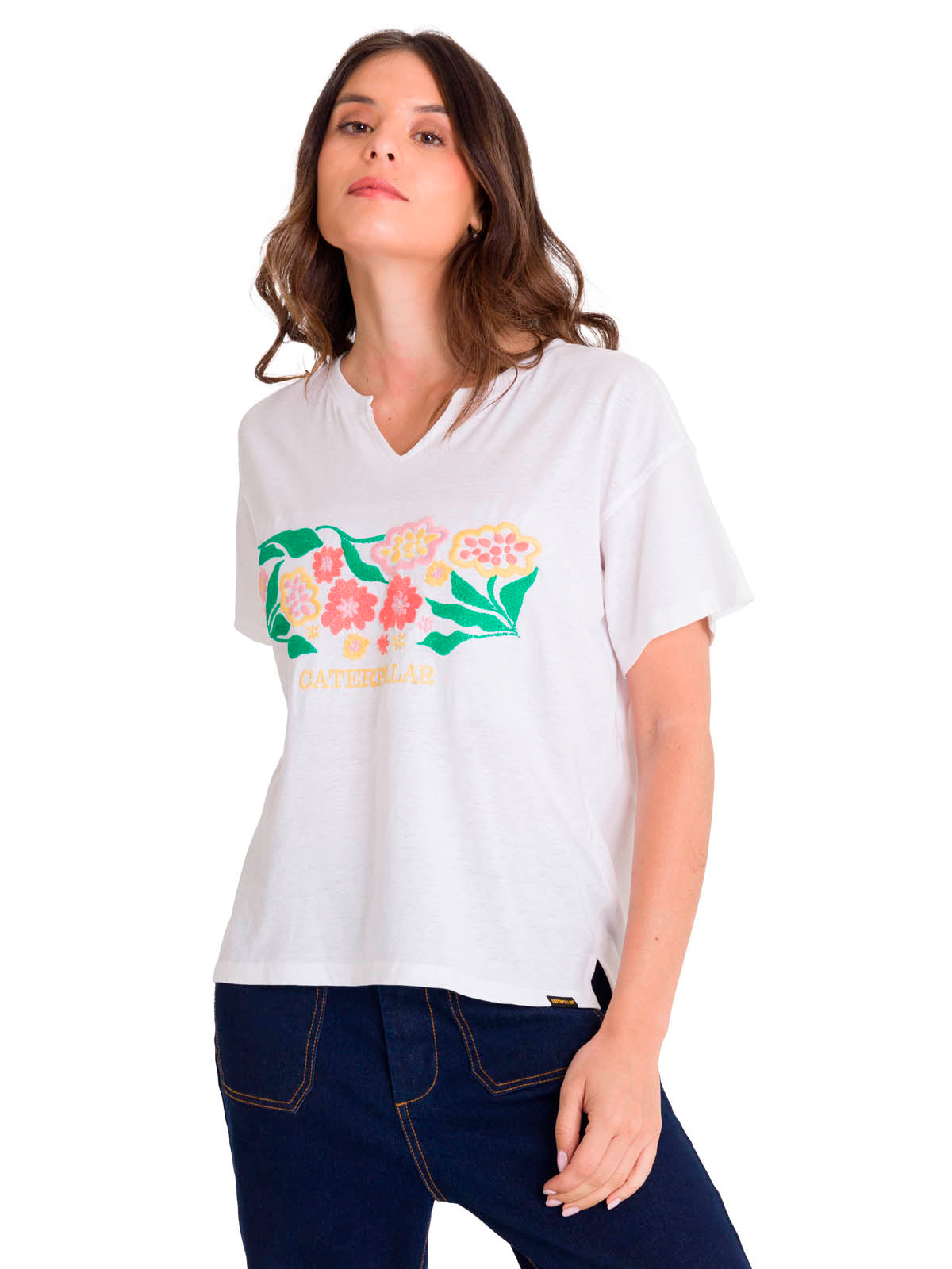 Polera Manga Corta Casual Mujer NOTCH NECK EMBROIDERED FLORAL TEE Blanca Cat