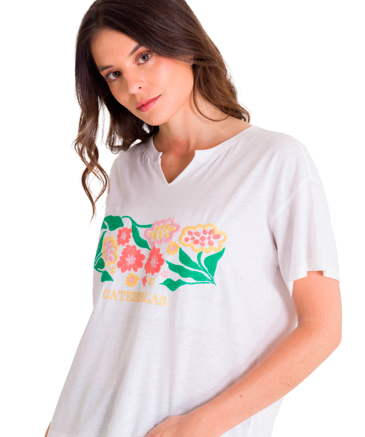 Polera Manga Corta Casual Mujer NOTCH NECK EMBROIDERED FLORAL TEE Blanca Cat