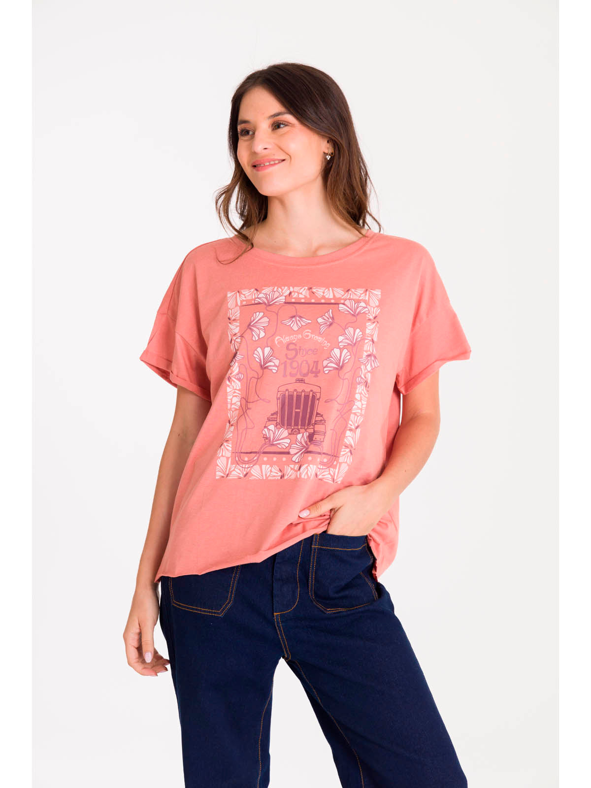 Polera Manga Corta Casual Mujer RELAXED FLORAL GRAPHIC TEE Rosada Cat
