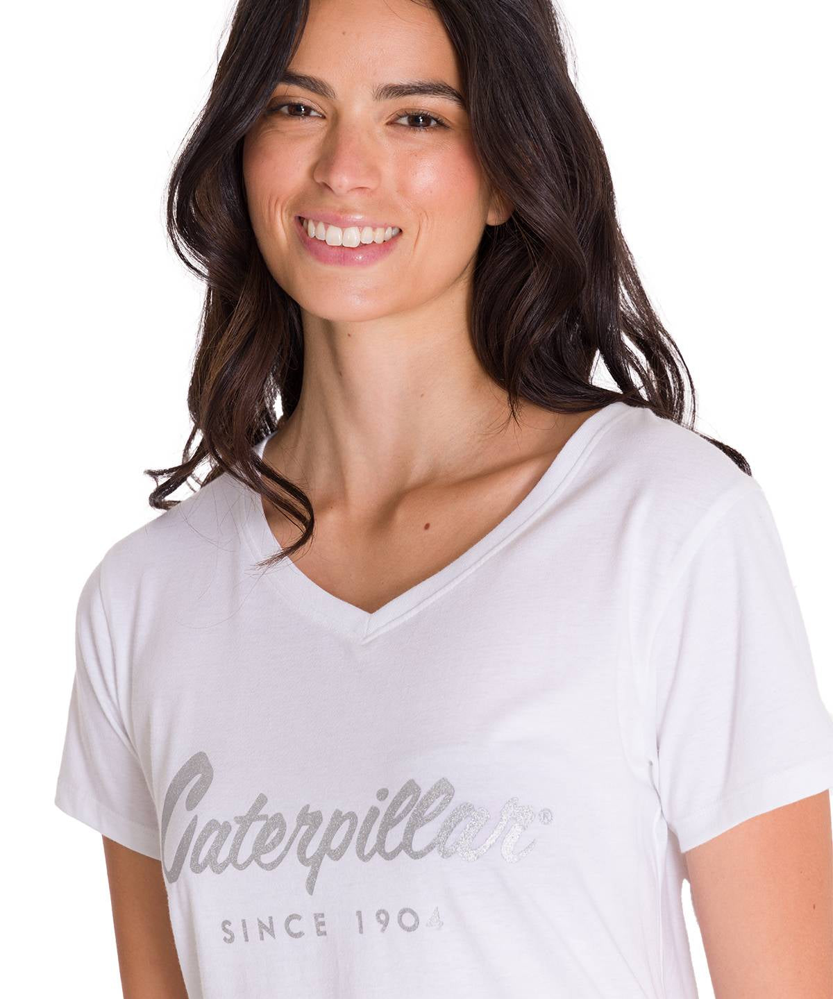 Polera Manga Corta Cuello V Mujer CAT METALLIC SCRIPT V-NECK TEE Blanca Cat