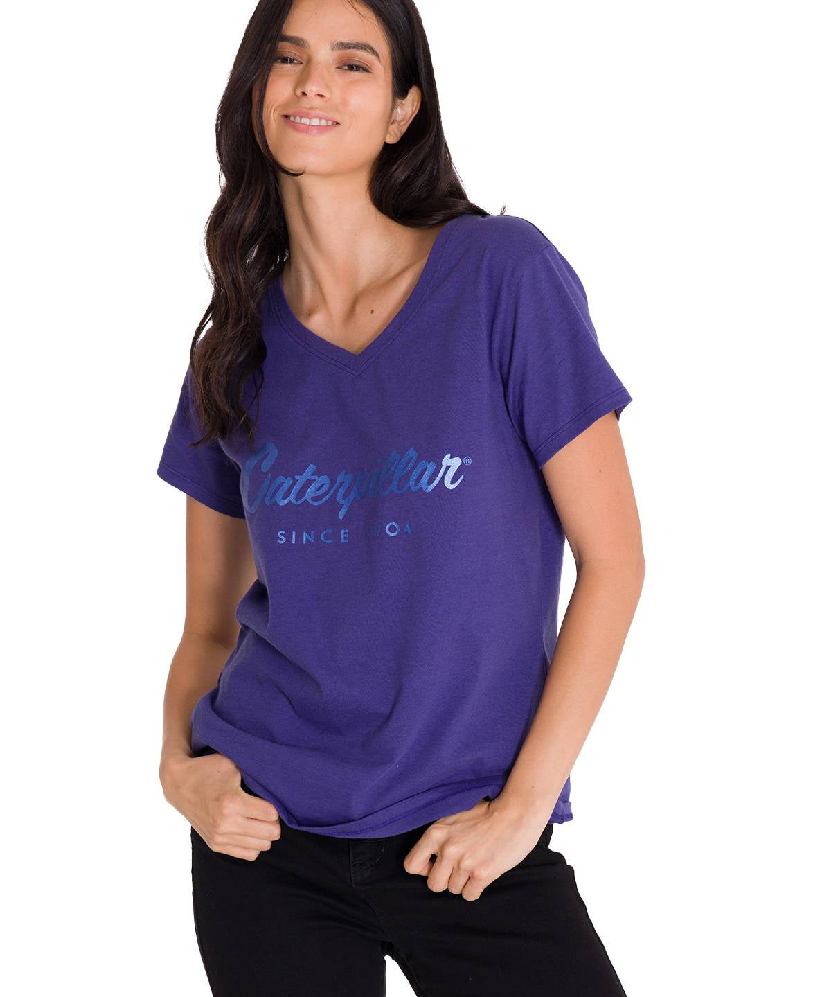 Polera Manga Corta Cuello V Mujer CAT METALLIC SCRIPT V-NECK Indigo Cat