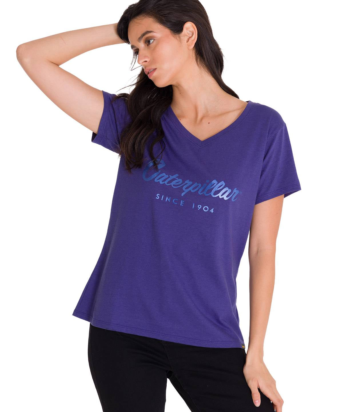 Polera Manga Corta Cuello V Mujer CAT METALLIC SCRIPT V-NECK Indigo Cat