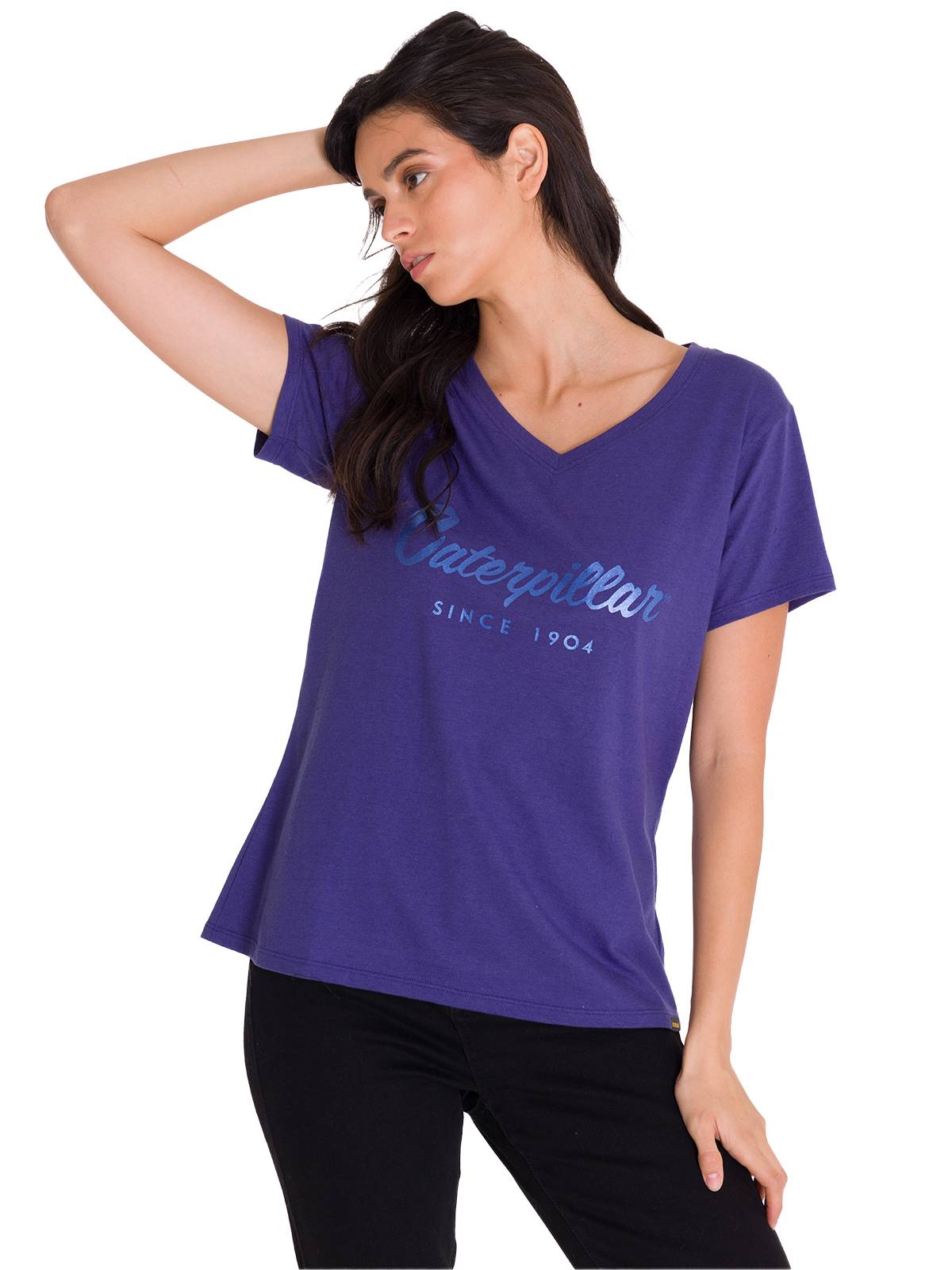 Polera Manga Corta Cuello V Mujer CAT METALLIC SCRIPT V-NECK Indigo Cat