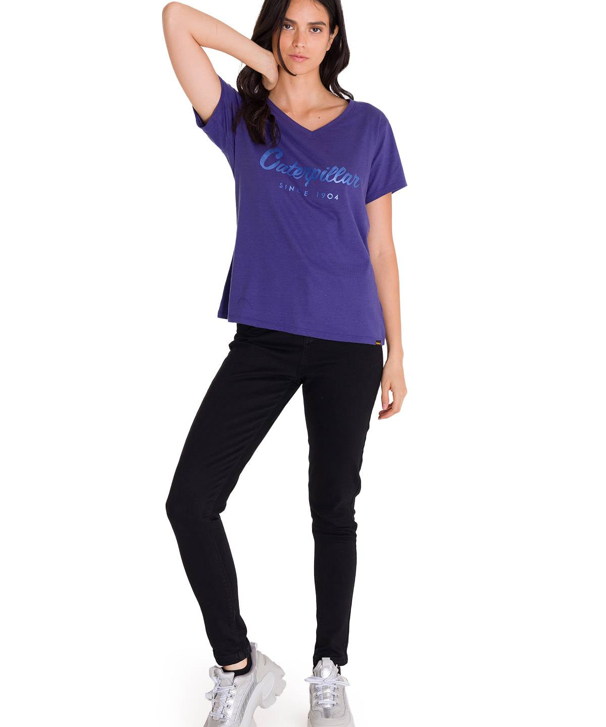 Polera Manga Corta Cuello V Mujer CAT METALLIC SCRIPT V-NECK Indigo Cat