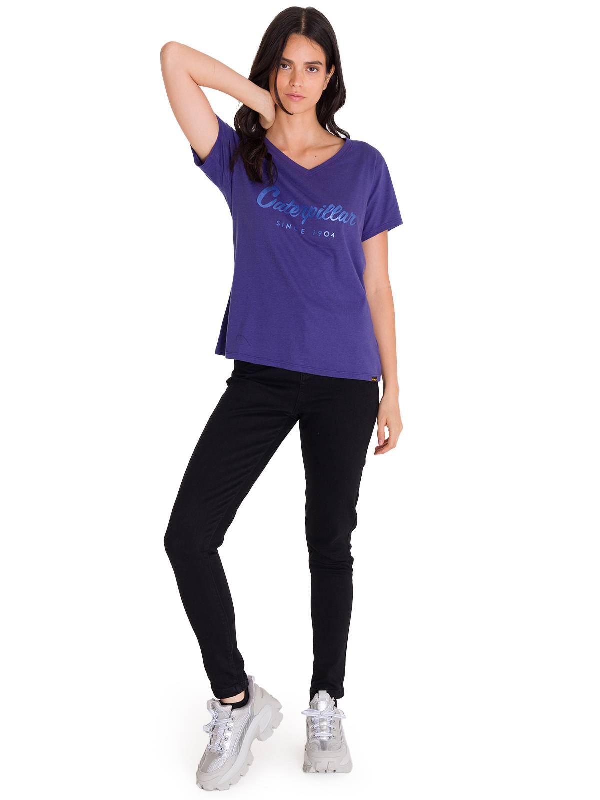 Polera Manga Corta Cuello V Mujer CAT METALLIC SCRIPT V-NECK Indigo Cat