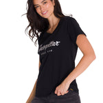 Polera Manga Corta Cuello V Mujer CAT METALLIC SCRIPT V-NECK TEE Negra Cat