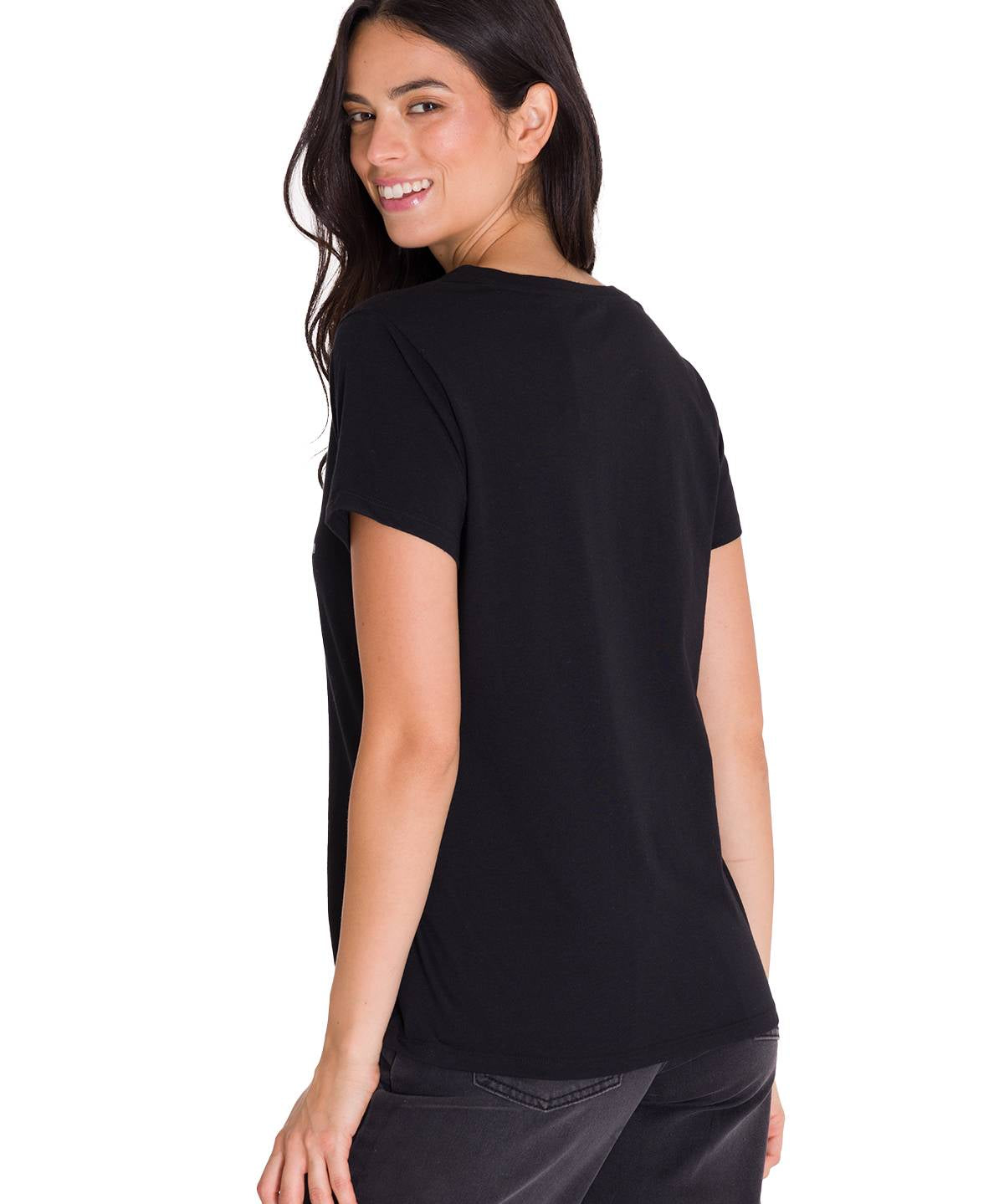 Polera Manga Corta Cuello V Mujer CAT METALLIC SCRIPT V-NECK TEE Negra Cat