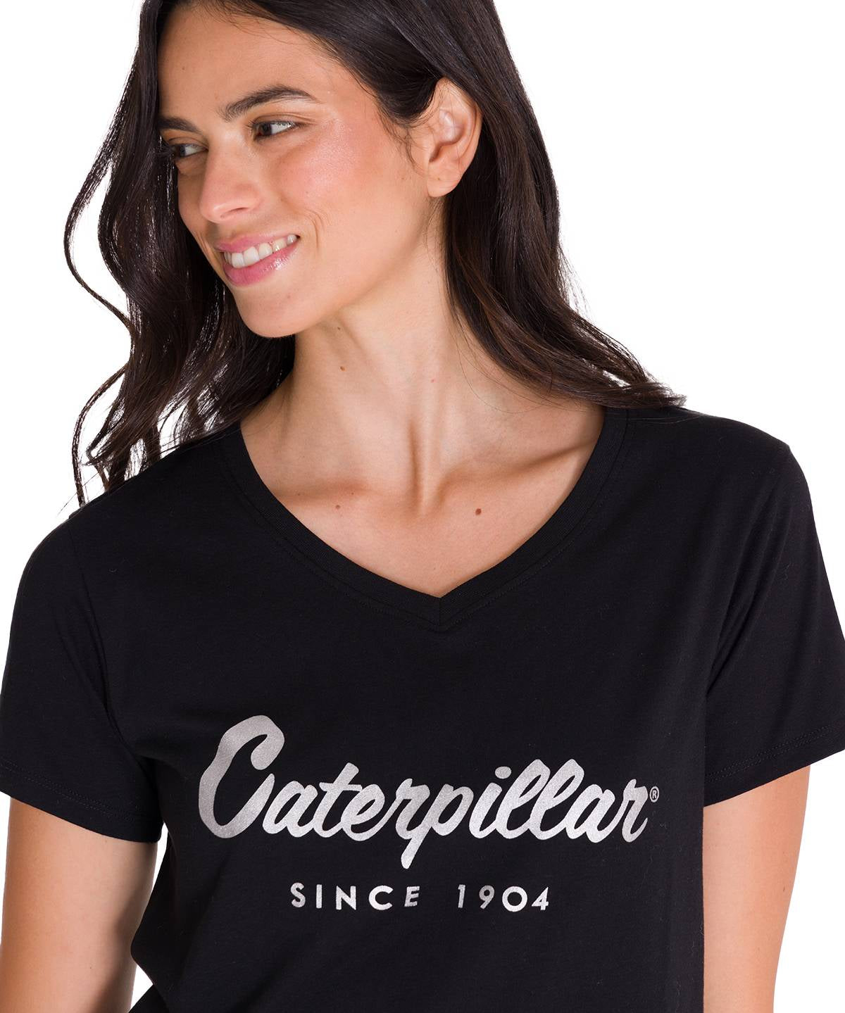 Polera Manga Corta Cuello V Mujer CAT METALLIC SCRIPT V-NECK TEE Negra Cat