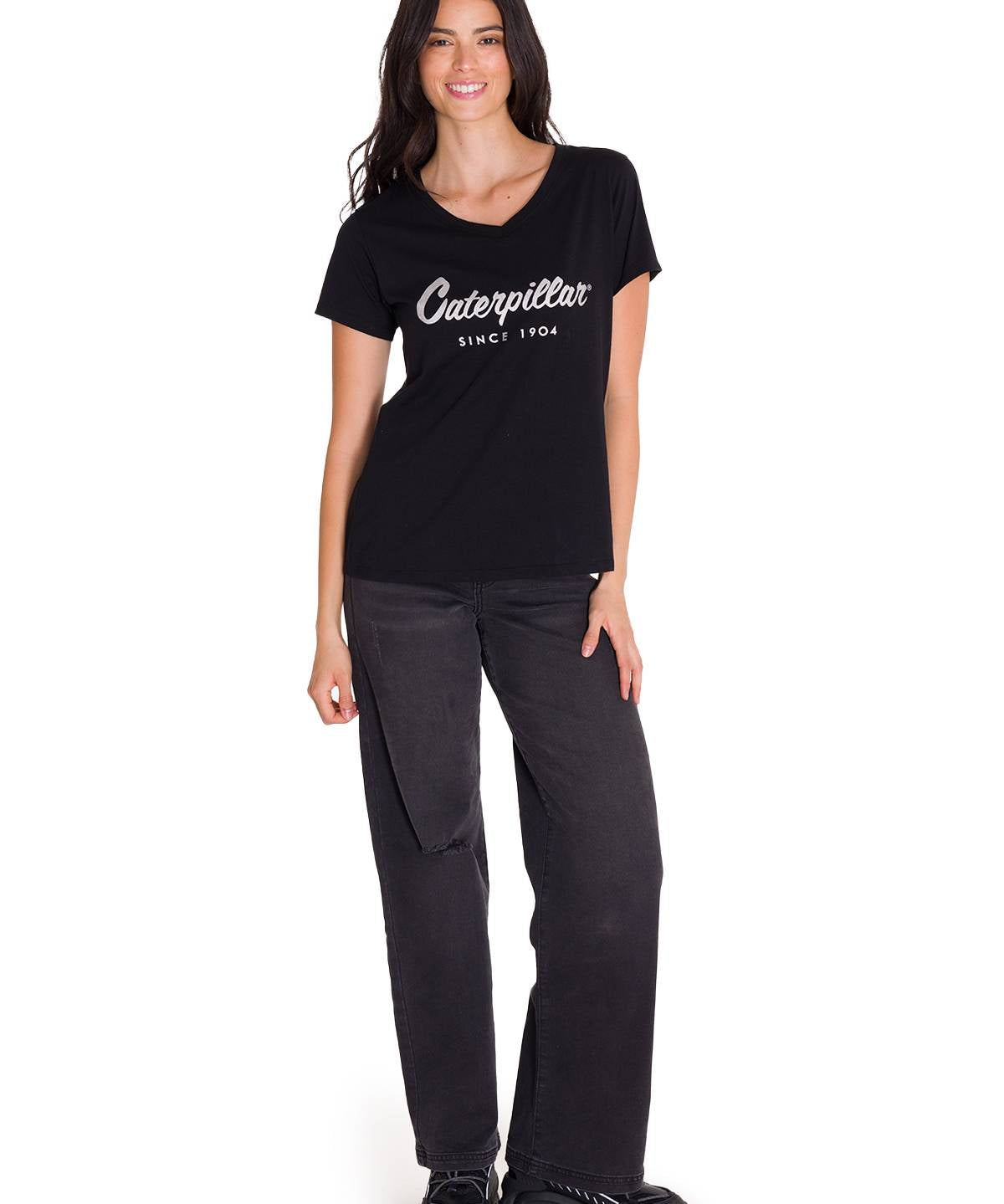Polera Manga Corta Cuello V Mujer CAT METALLIC SCRIPT V-NECK TEE Negra Cat