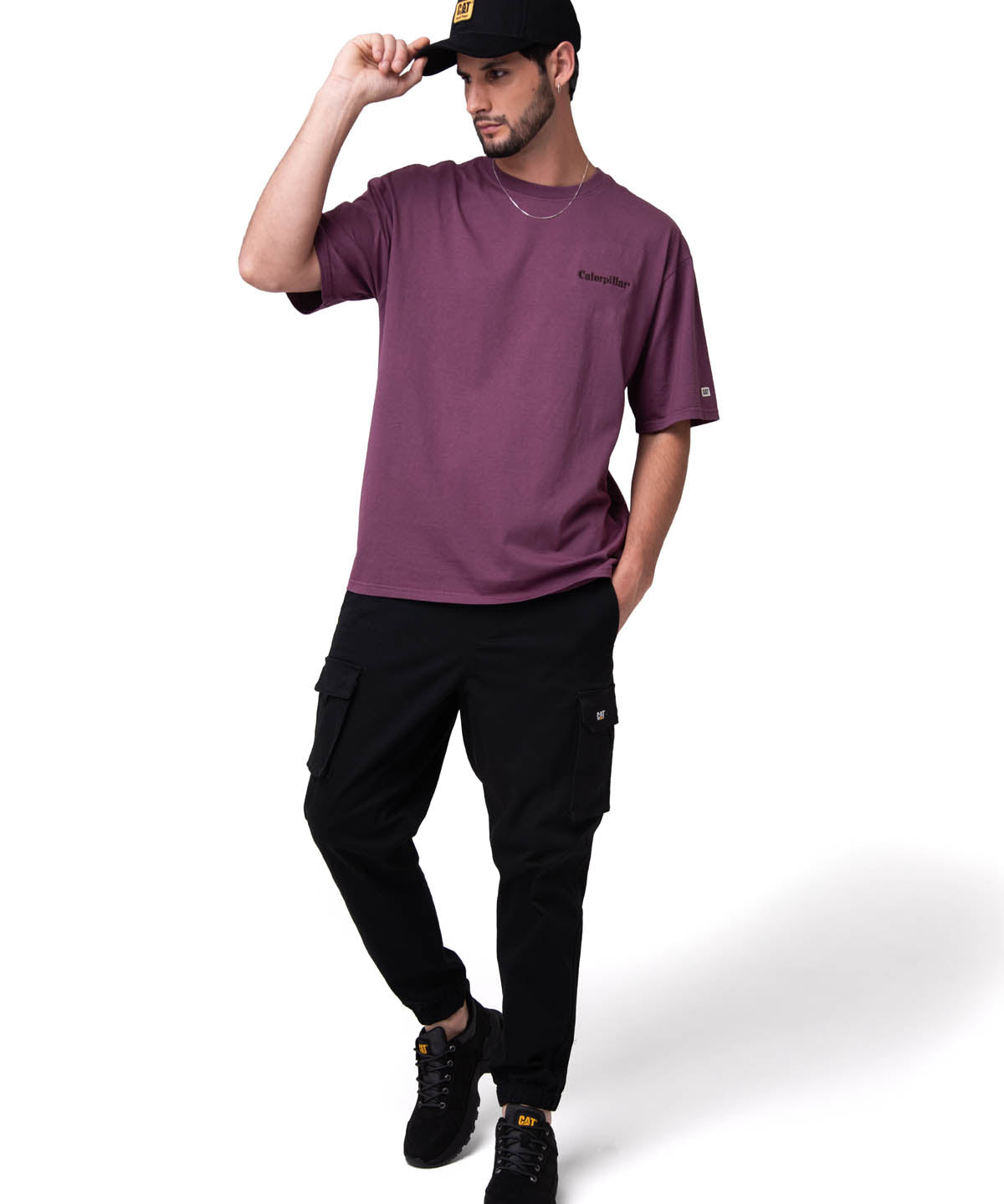 Polera Manga Corta Hombre Heavyweight Relaxed Burdeo Cat