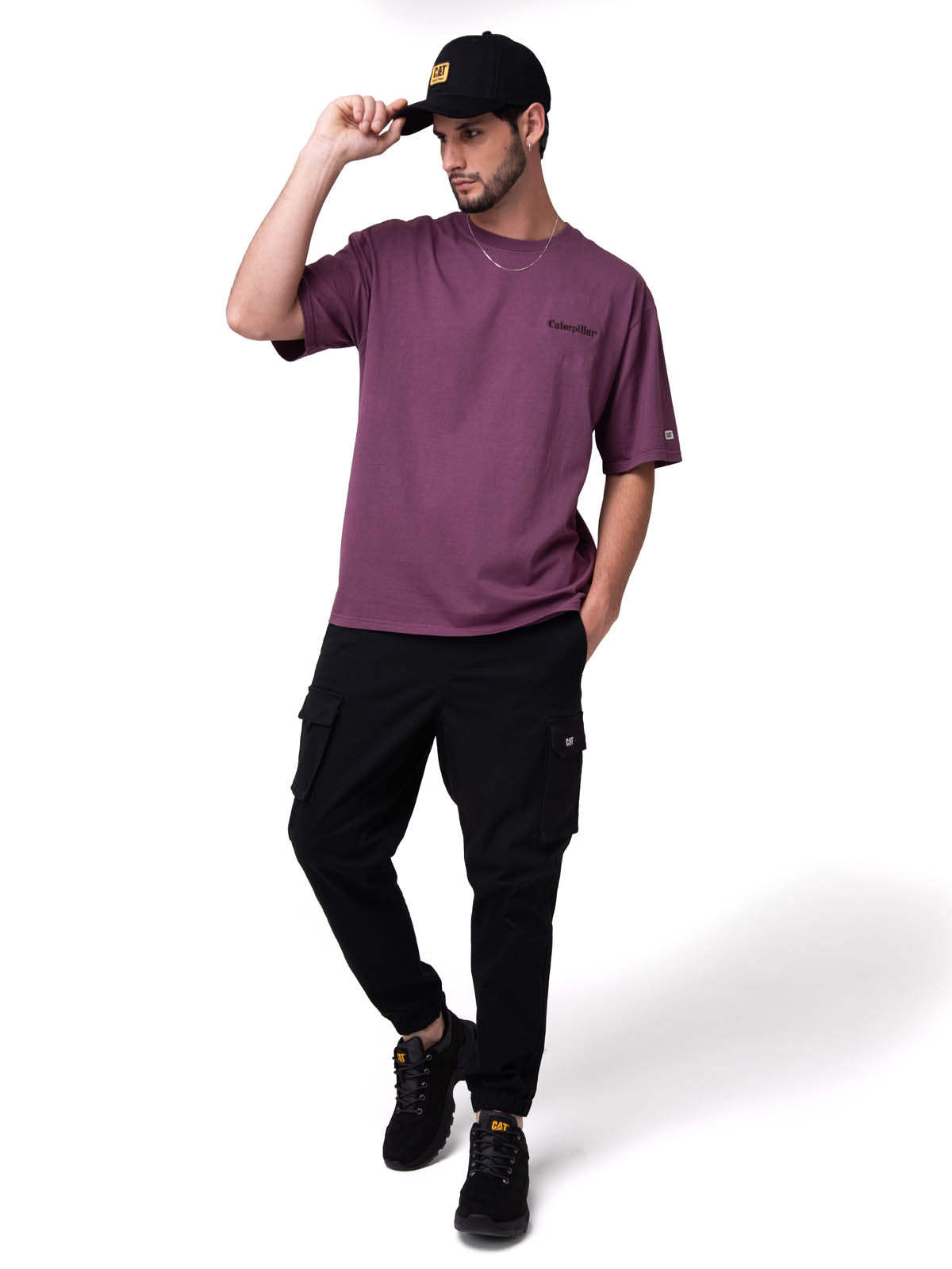 Polera Manga Corta Hombre Heavyweight Relaxed Burdeo Cat