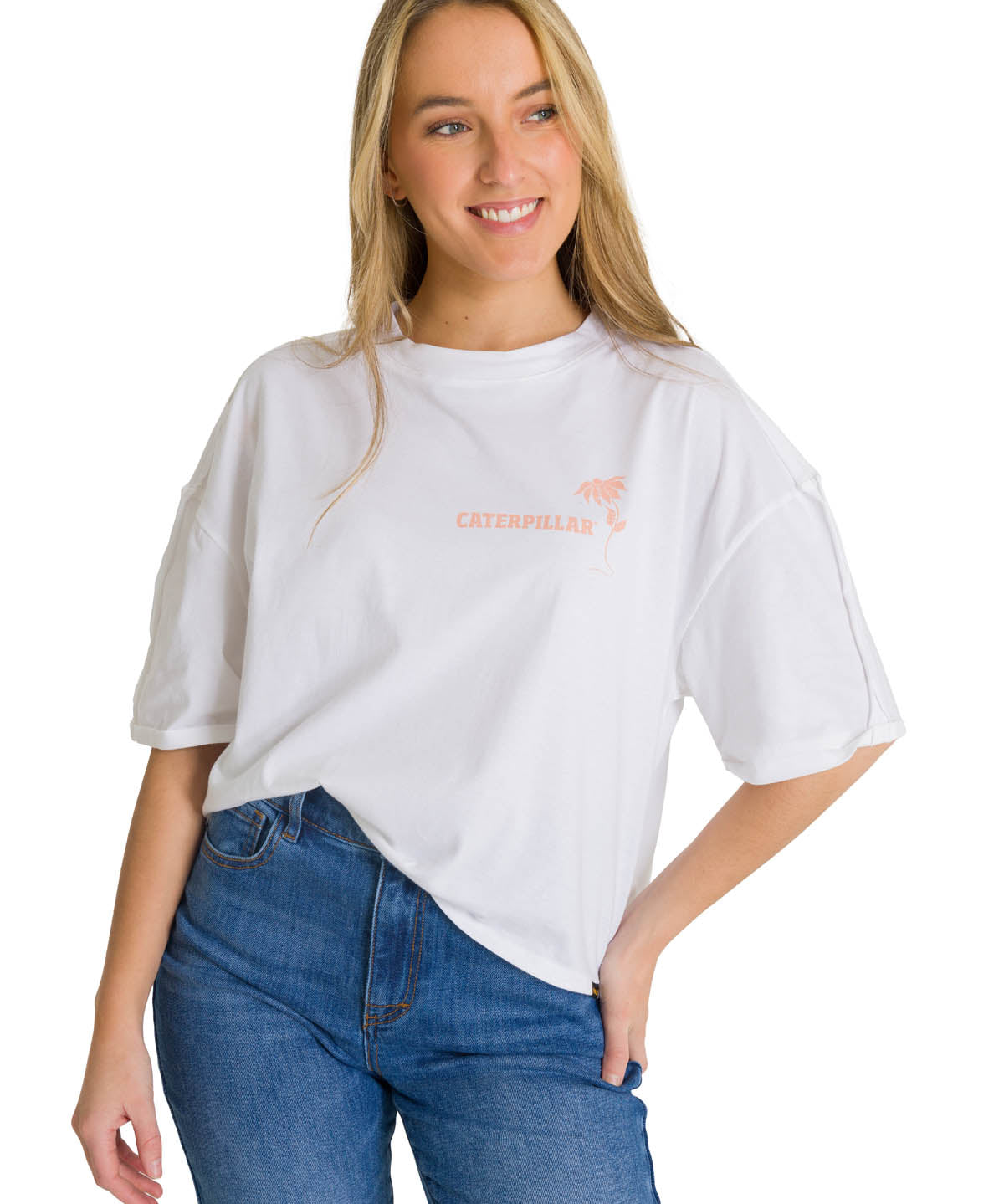 Polera Manga Corta Oversize Mujer Diseño Blanca CAT