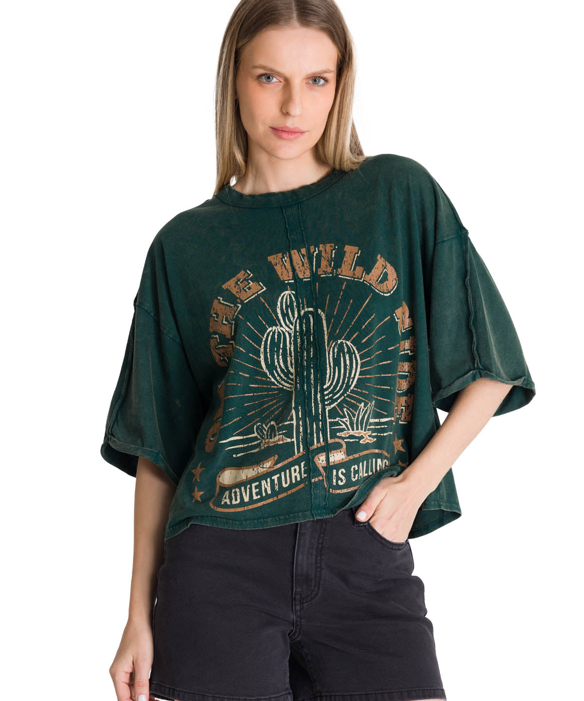 Polera Manga Corta Oversize Mujer Diseño Verde CAT