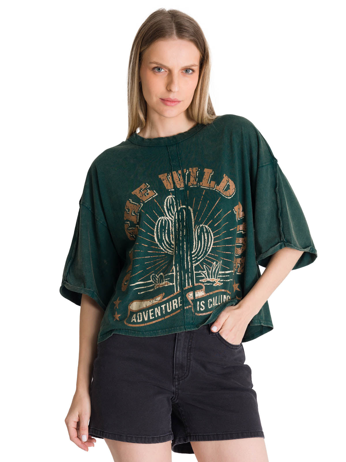 Polera Manga Corta Oversize Mujer Diseño Verde CAT