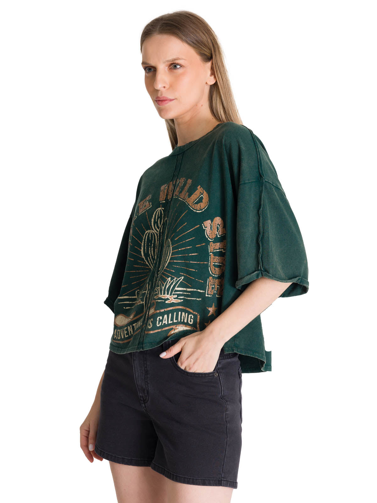 Polera Manga Corta Oversize Mujer Diseño Verde CAT
