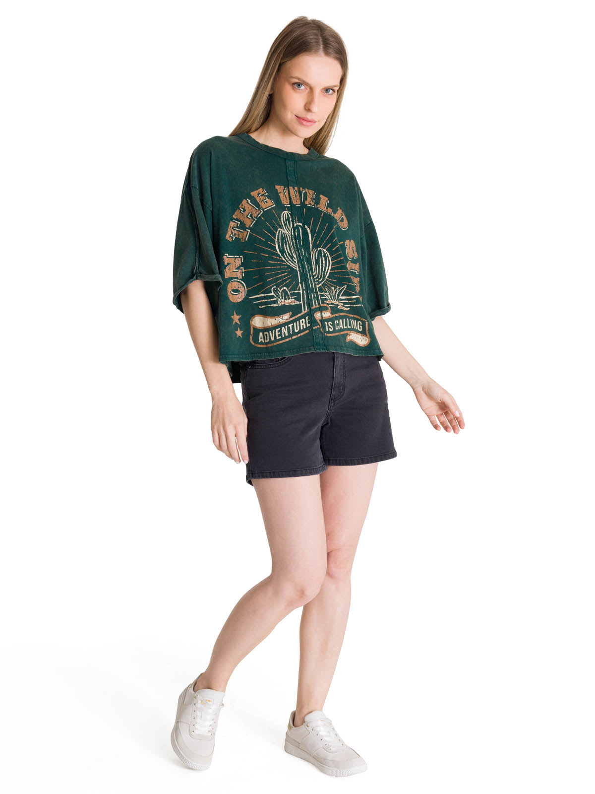 Polera Manga Corta Oversize Mujer Diseño Verde CAT