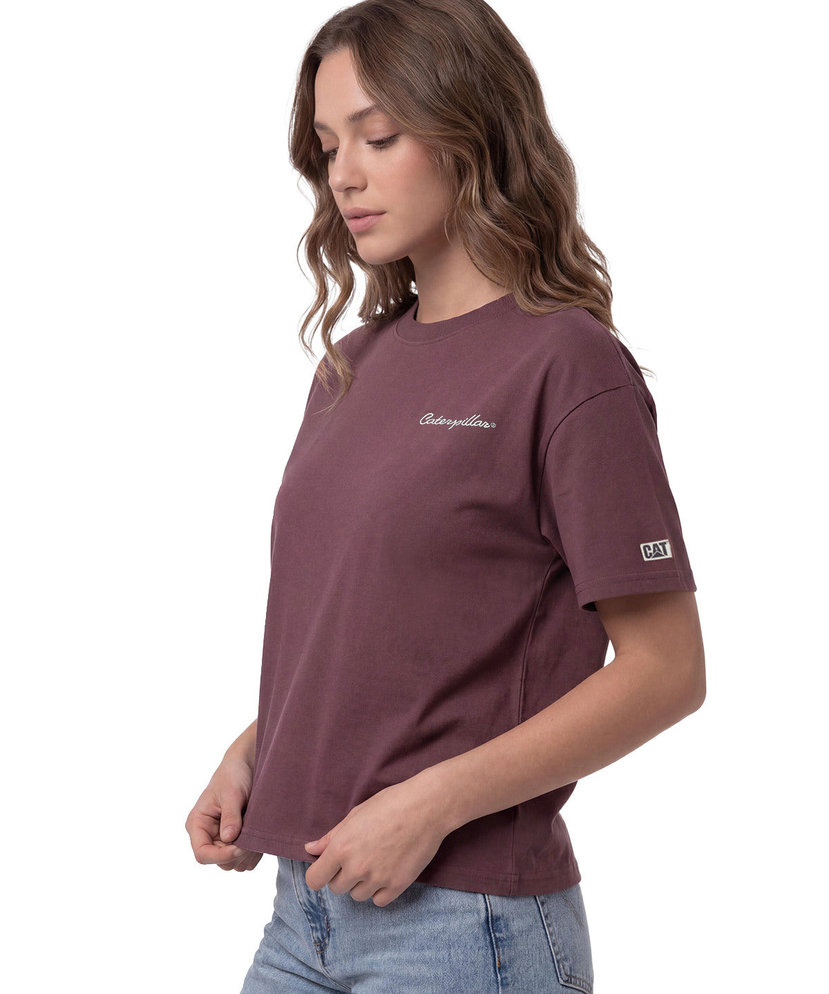 Polera Manga Corta Boxy Mujer Heavyweight Emb Burdeo  Cat
