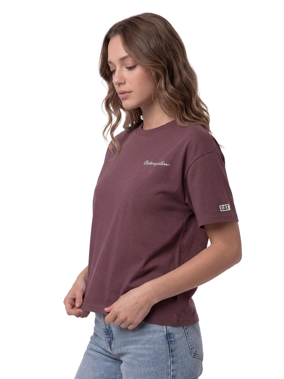 Polera Manga Corta Boxy Mujer Heavyweight Emb Burdeo  Cat